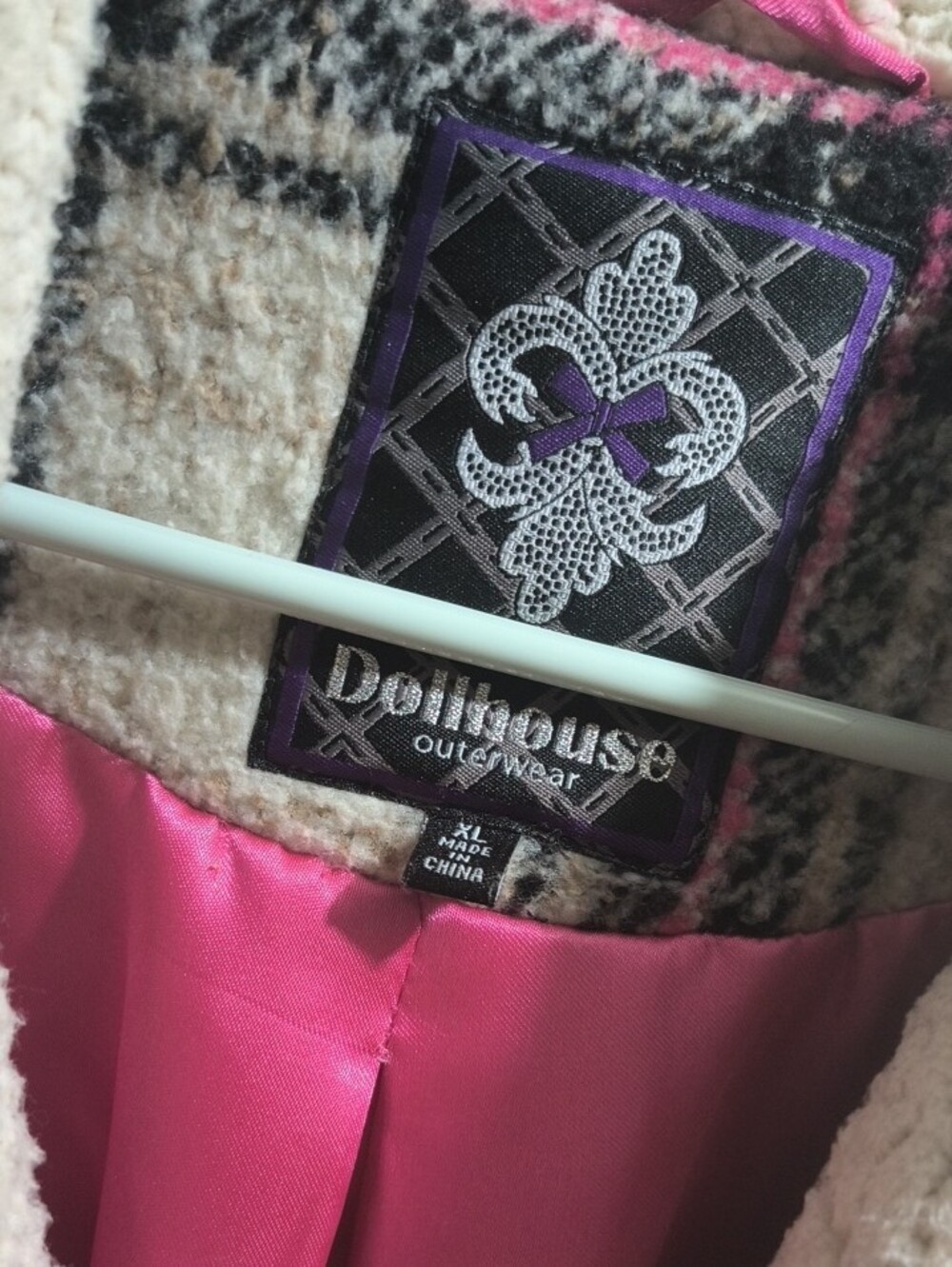 Dollhouse Cream Plaid Pea Coat with Pink & Black Accents - Picture 2 of 3